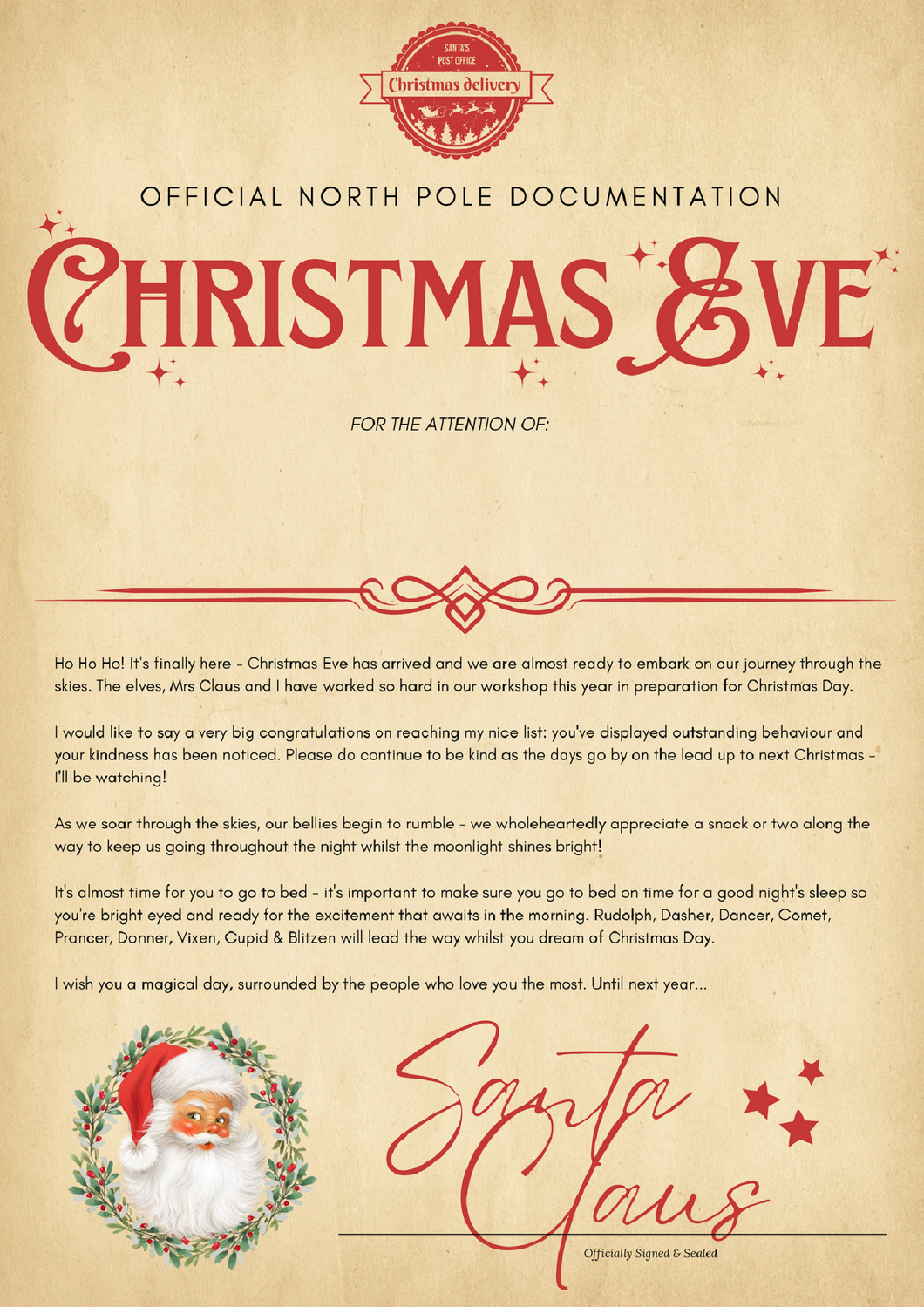 Letter from Santa Christmas Eve